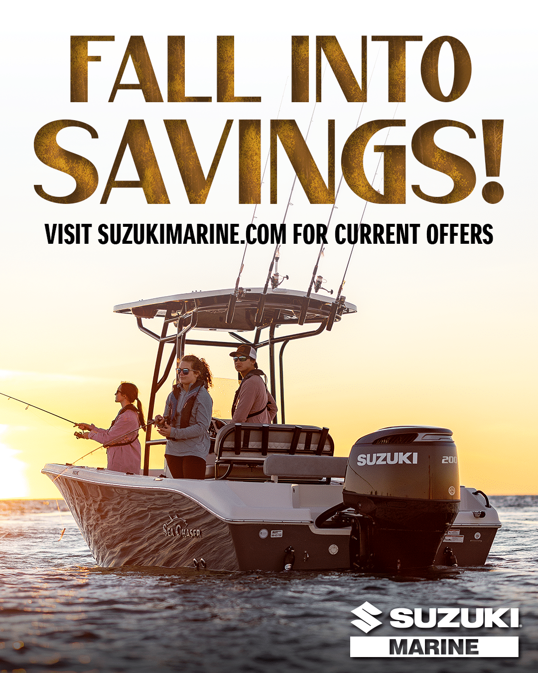 FAll into savings with suzuki outboards peopel fishing on a boat