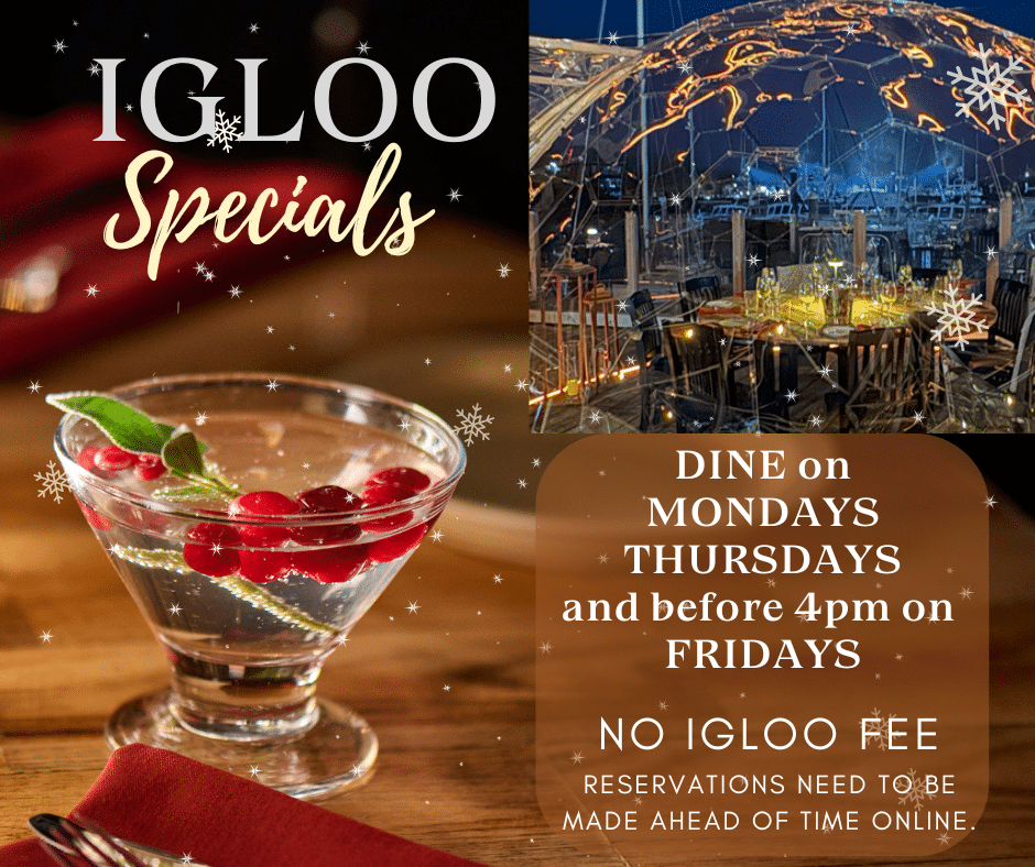 Igloo dining specials, cocktail, clear dome at night on the water