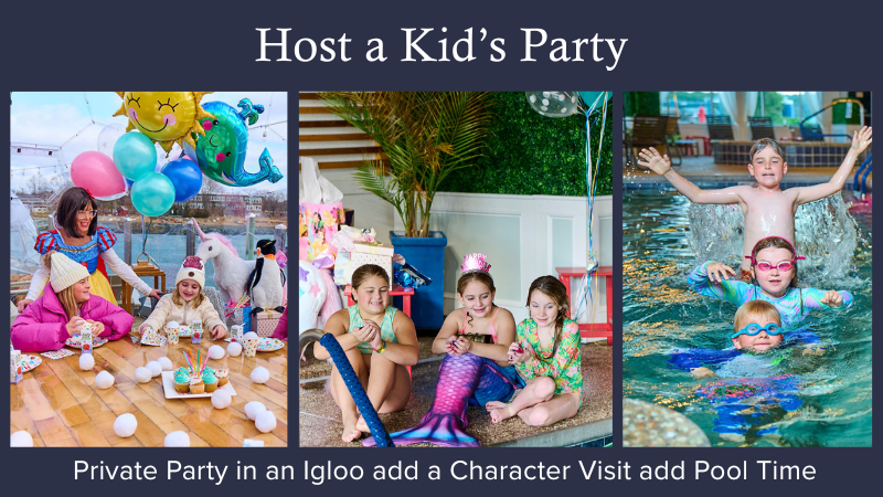 HOst a kids party girls in a igloo with hats, snow white and cupcakes. Three girls sitting next to pool, three kids in pool with googles
