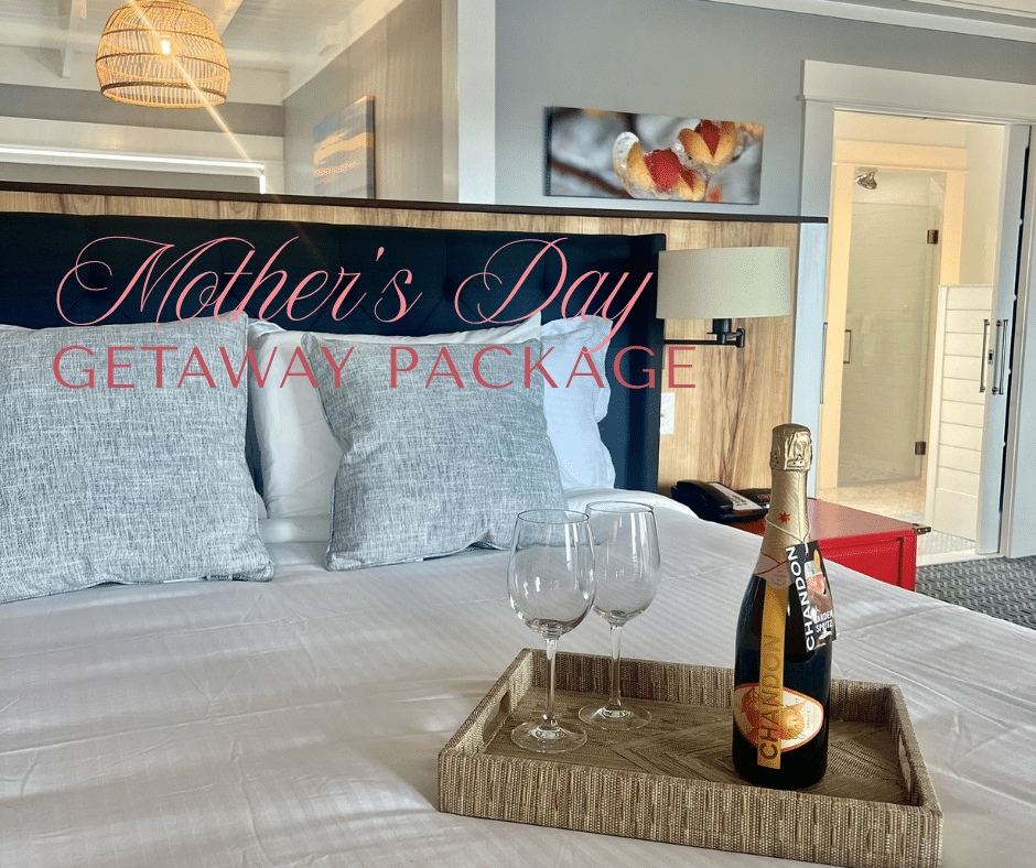 hotel room bed with champagne Mothers day package