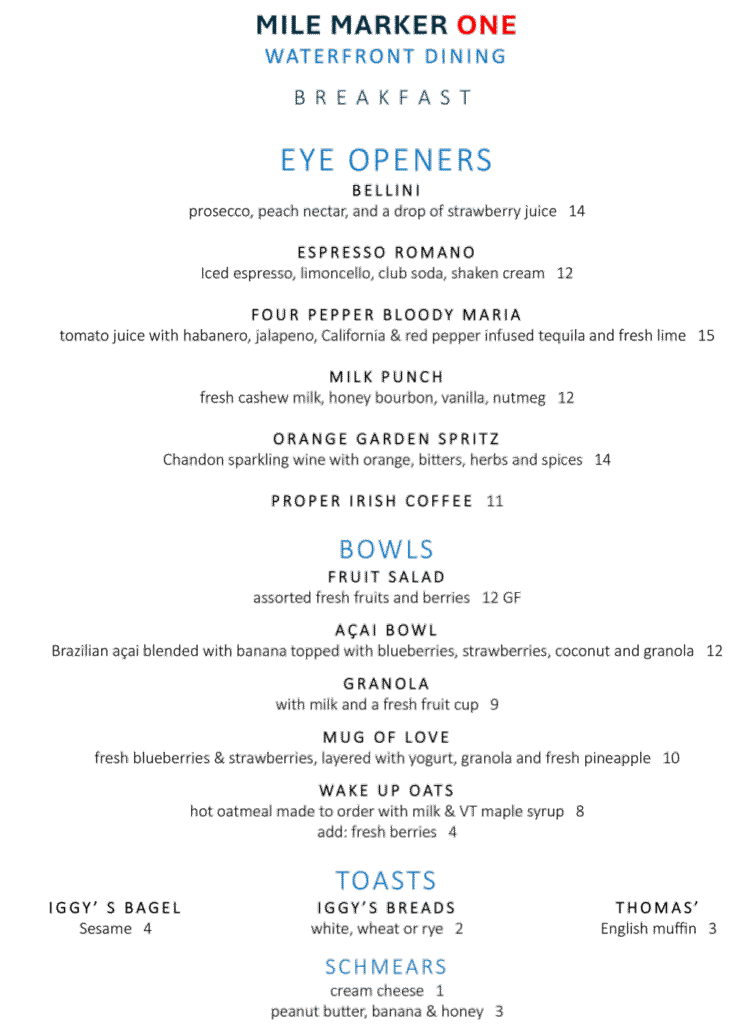 Breakfast menu for Mile Marker One Restaurant