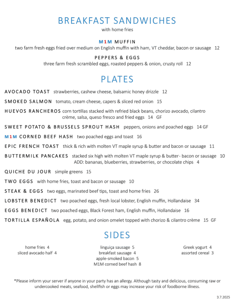 Breakfast menu for Mile Marker One Restaurant
