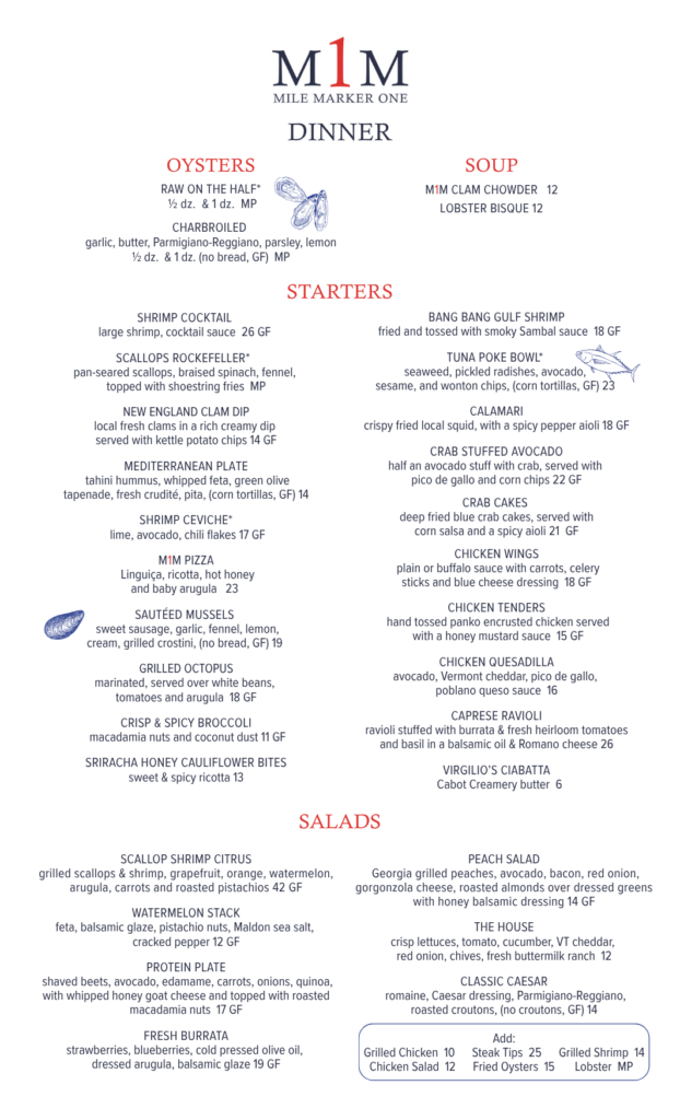 Mile Marker One dinner menu summer 2026