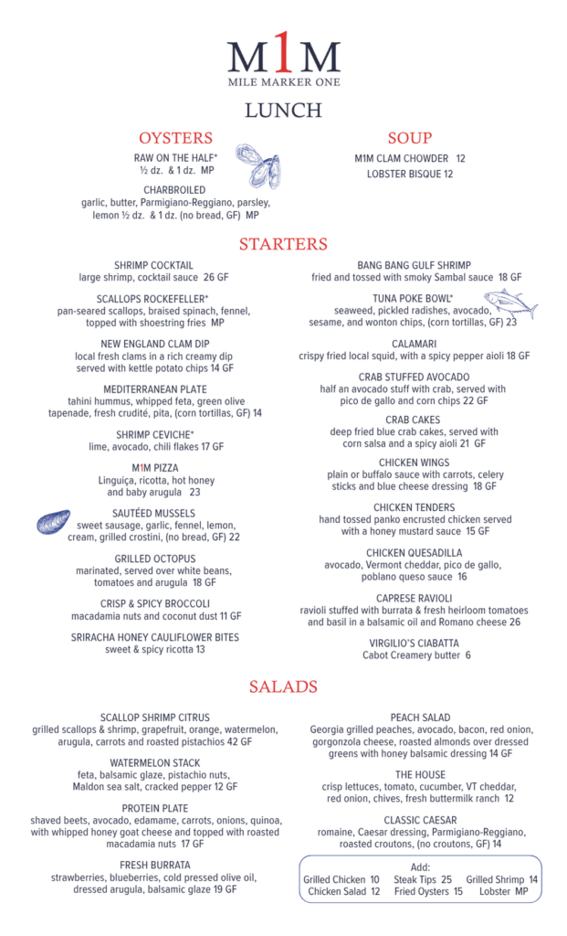 Mile Marker One lunch menu summer 2026