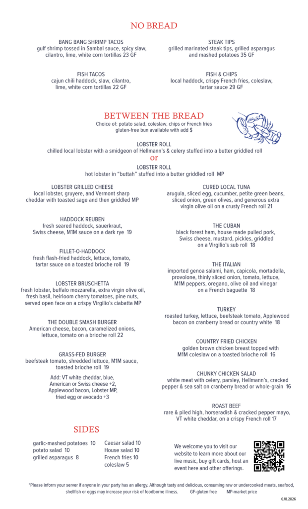 Mile Marker One lunch menu summer 2026