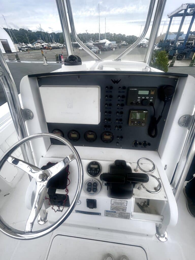 steering wheel and electronic console of Southport boat
