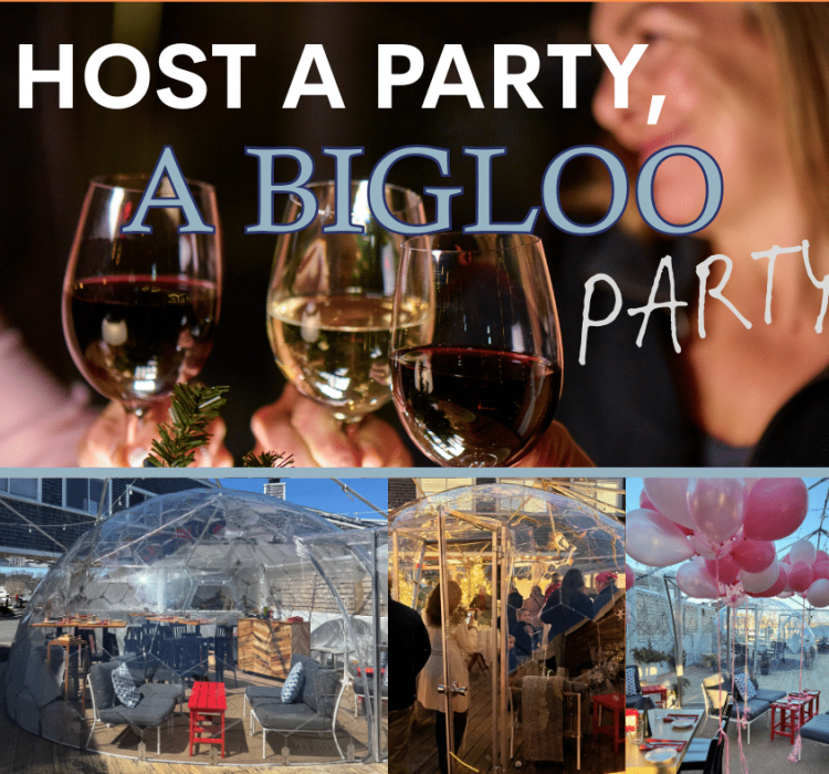 host a party, a Bigloo Party picutres of cheers wine glasses, clear dome with ballons