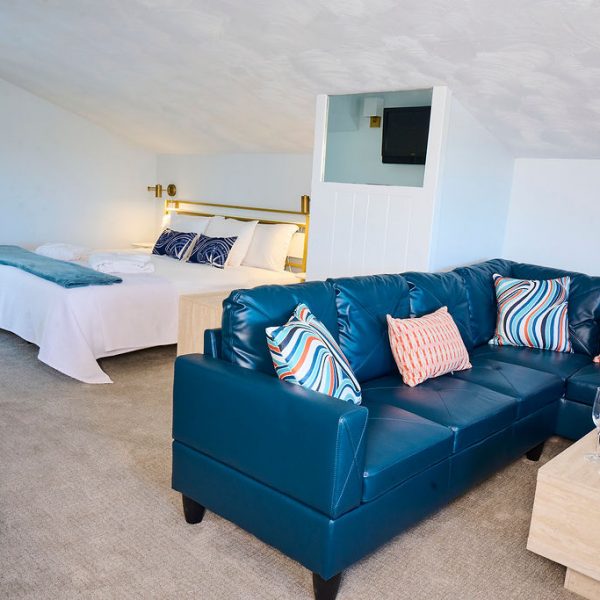 Hotel room and seating area