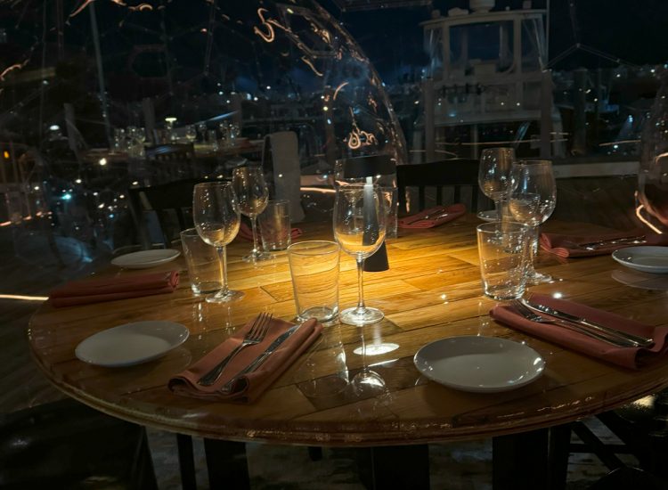 Low light dining table in Dome overlooking boats in a marina