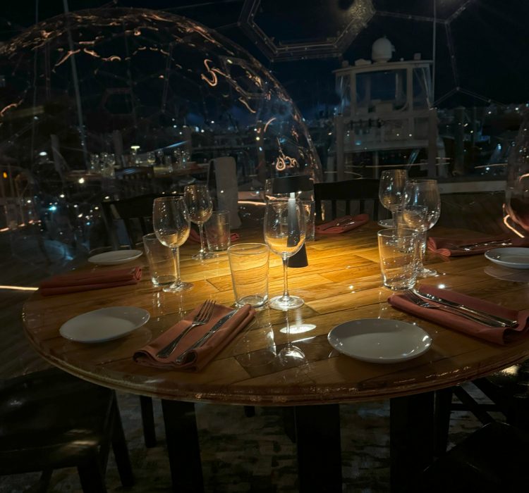 Low light dining table in Dome overlooking boats in a marina
