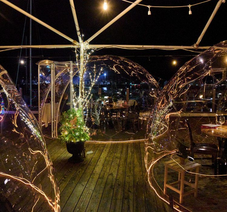clear dining domes at night with twinkle lights and lit up tree