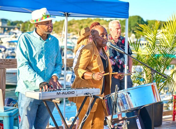 outside on deck , man playing keyboard, woman singing and playing steel drum, palm tree
