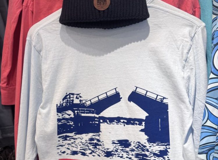 Gloucester cut bridge on sweatshirt and black beanie hat