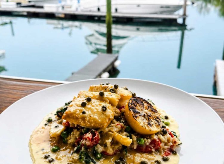 Halibut over risotto on a white plate with water and boats