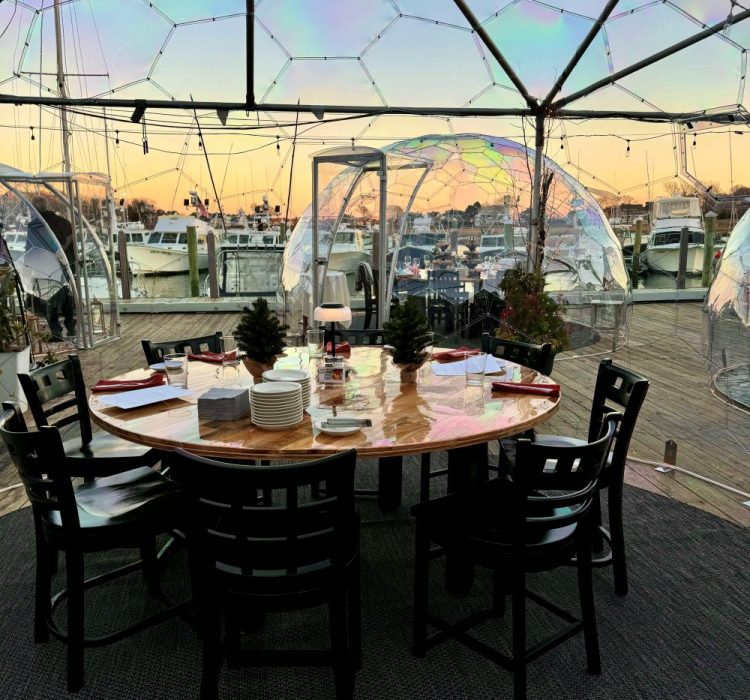 clear dome igloo table setup for dining at sunset