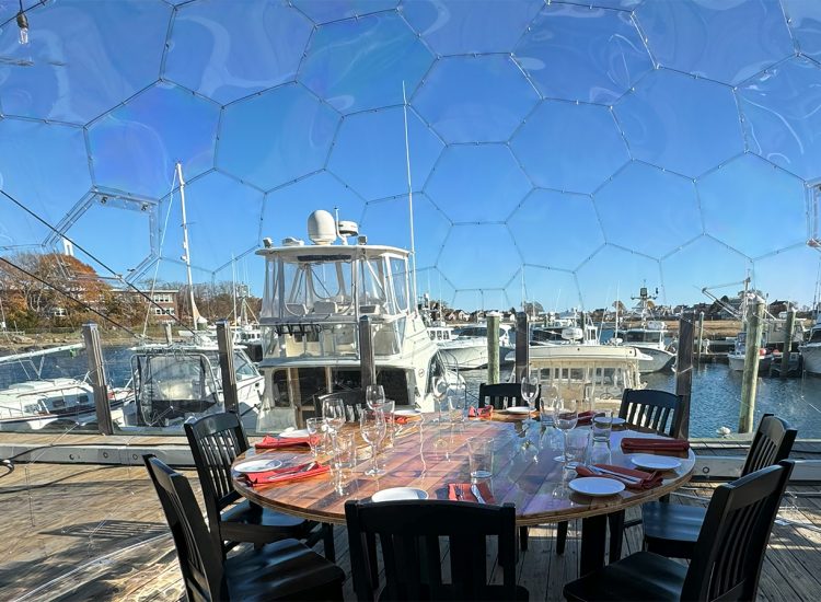 Clear dome dining table chairs daytime overlooking a marina and boats