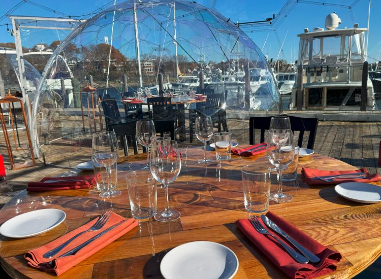 Clear dome dining table chairs glowing light perimeter at daytime overlooking a marina and boats