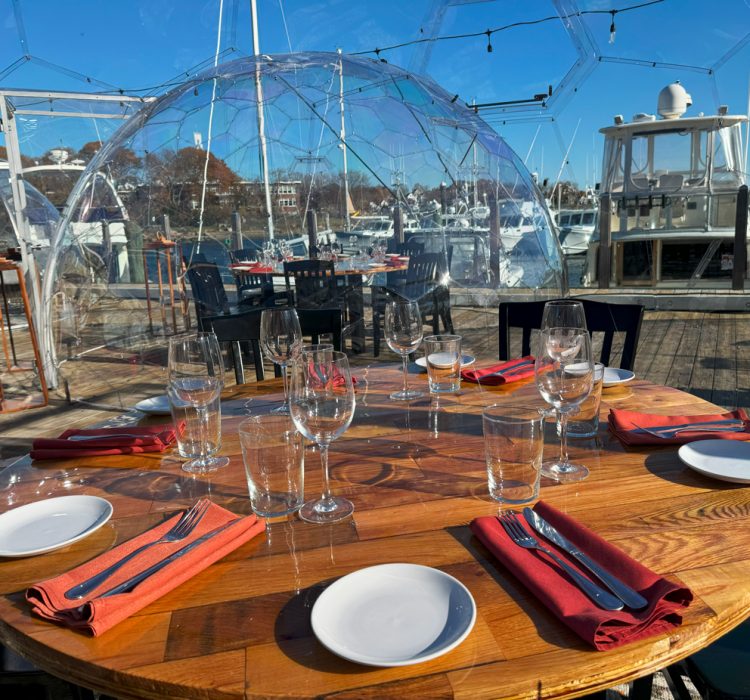 Clear dome dining table chairs glowing light perimeter at daytime overlooking a marina and boats