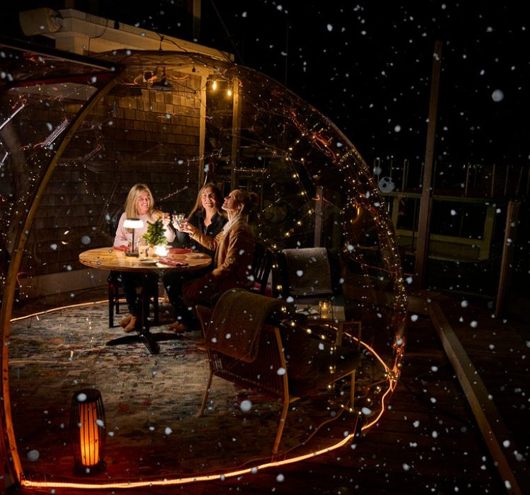 Three ladies at night dining in clear dome igloo