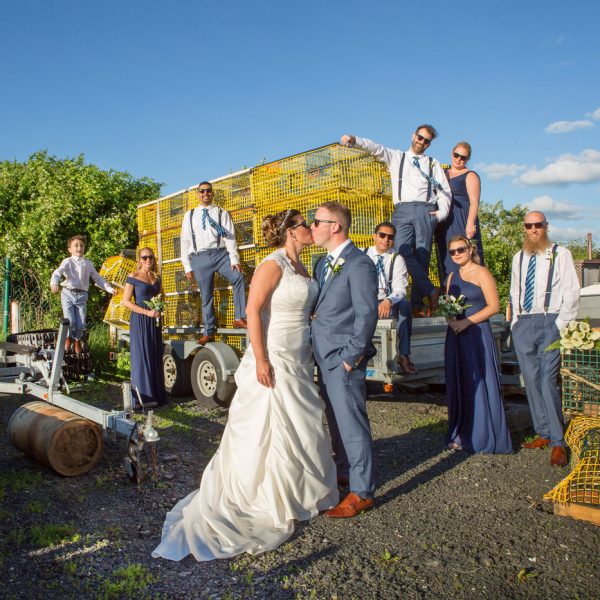 cape ann marina wedding wedding party on lobster traps