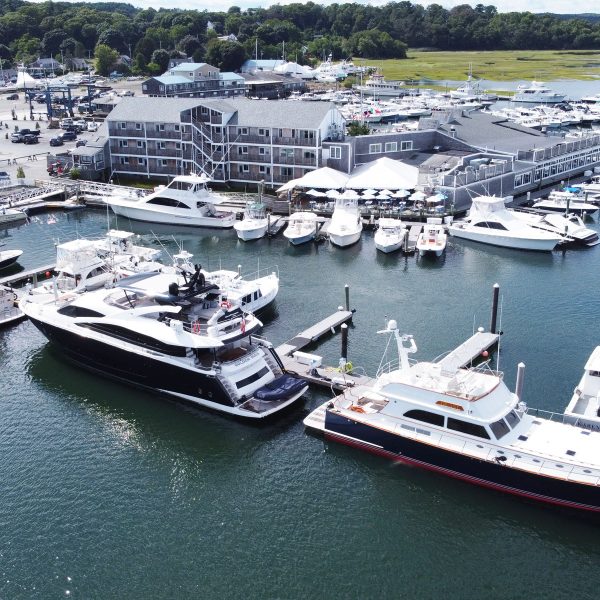 big boat ties up at Cape Ann Marina drone shot
