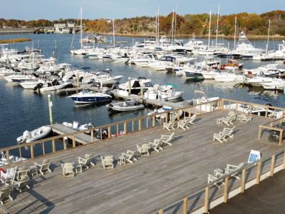 aerial of marina, deck and riverfront